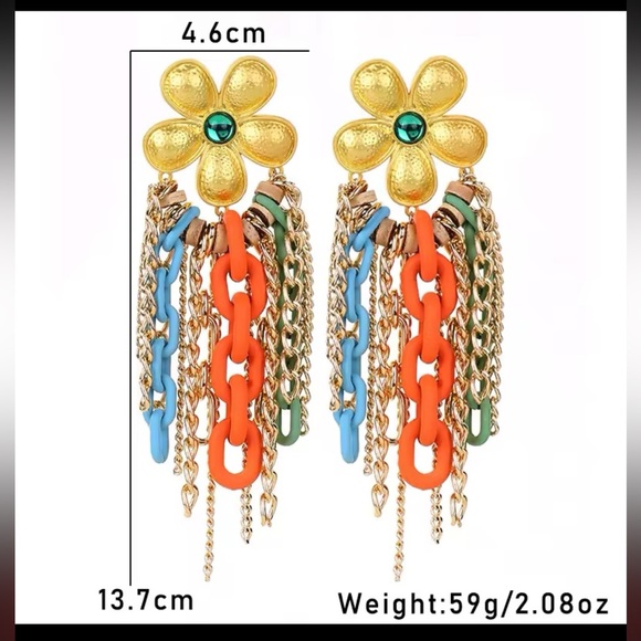 Bold Floral Dangle Statement Earrings | Multicolor Chain Fringe - Picture 6 of 11